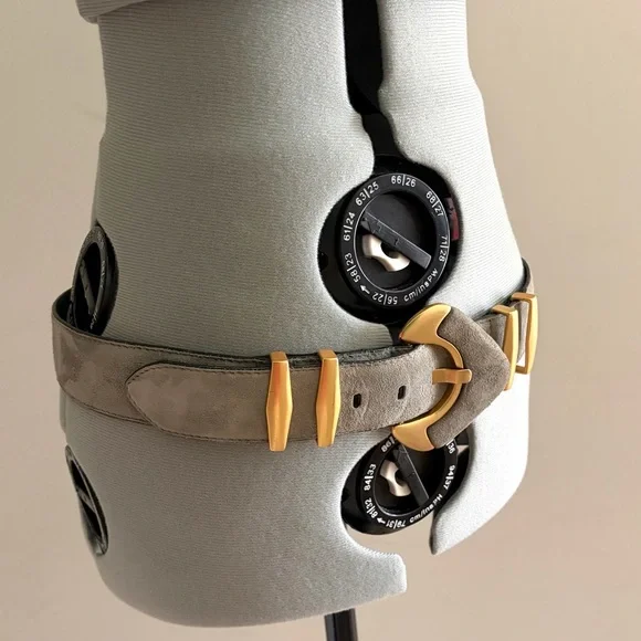 Escada Suede statement belt, matte gold hardware, suede buckle, L, 33-36” - Picture 8 of 9